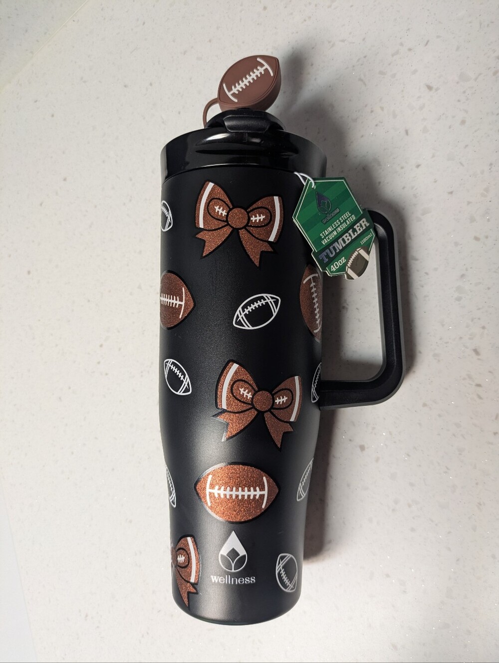 Glittery Football & Bows Print Travel Tumbler with Handle Removable Straw Topper - Picture 13 of 14
